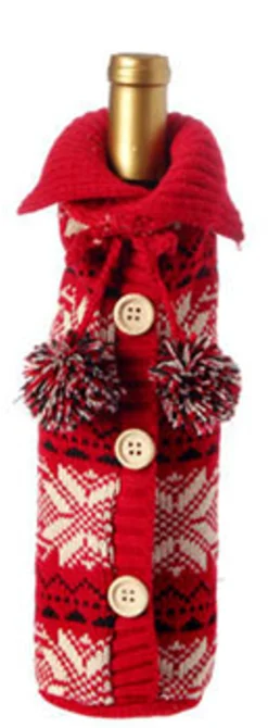 Raz 11" Alpine Chic Red, Black And Cream Snowflake Nordic Design Knit Christmas Wine Bottle Cover