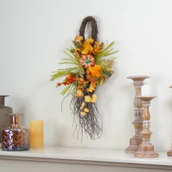 Northlight 26" Autumn Harvest Berries And Pumpkin Artificial Teardrop Swag - Orange/Yellow