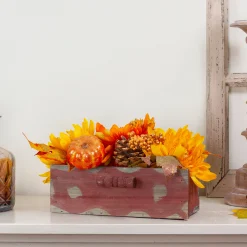 Northlight 14" Autumn Harvest Maple Leaf And Berry Arrangement In Rustic Wooden Box Centerpiece