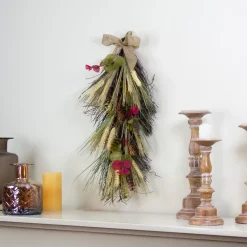 Unlit Teardrops*Northlight 24" Autumn Harvest Wheat And Eucalyptus With Feathers Teardrop Swag - Unlit