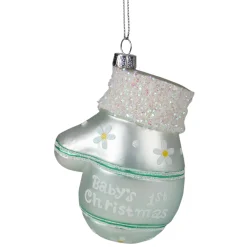 Northlight Family & Friends>4" Baby's 1St Christmas Mint Green Glass Mitten Holiday Ornament