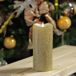 Candles & Holders*Melrose 7" Battery Operated Gold Glittered Flameless Led Christmas Pillar Candle With Moving Flame