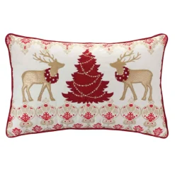 Pillows & Throws*Melrose 19" Beige And Red Embroidered Nordic Reindeer Rectangular Christmas Throw Pillow