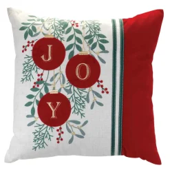 Pillows & Throws*Melrose 17" Beige And Red Embroidered Ornament "Joy" Square Christmas Throw Pillow