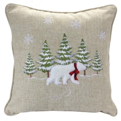 Pillows & Throws*Melrose 17" Beige And White Polar Bear Forest Embroidered Christmas Throw Pillow