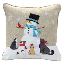 Pillows & Throws*Melrose 16" Beige And White Snowman With Animals Embroidered Christmas Throw Pillow