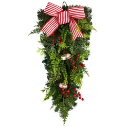 Unlit Teardrops*Nearly Natural 26" Bells And Bow Artificial Christmas Teardrop Swag, Unlit