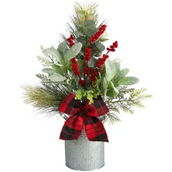 Floral*Nearly Natural 20" Berries And Pine Artificial Christmas Arrangement With Tin Vase
