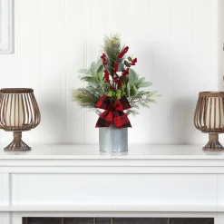 Floral*Nearly Natural 20" Berries And Pine Artificial Christmas Arrangement With Tin Vase