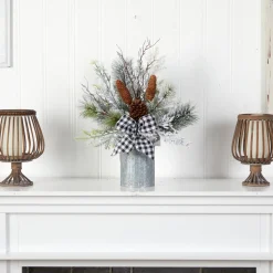 Floral*Nearly Natural 1.5' Birch With Pinecones And Bow Artificial Christmas Arrangement With Potted Vase