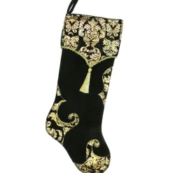 Stockings*Northlight 21.5" Black And Gold Damask Velveteen Christmas Stocking With Tassel