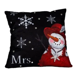 Pillows & Throws*Contemporary Home Living 13" Black And Red Sequined "Mrs." Snowman Christmas Themed Square Throw Pillow