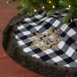 48 Inch And Smaller*Northlight 48" Black And White Buffalo Plaid Christmas Tree Skirt With Burlap Snowflake