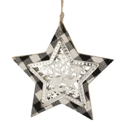 Northlight Stars>5" Black And White Buffalo Plaid Star With Reindeer Christmas Ornament