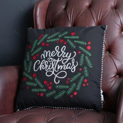 Pillows & Throws*Melrose 15.5" Black And White "Merry Christmas" Berry Wreath Throw Pillow