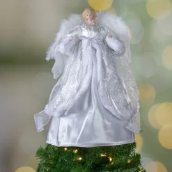 Angel Tree Toppers*Northlight 18" Blonde Angel In White And Sliver Dress With Faux Fur Trim Christmas Tree Topper