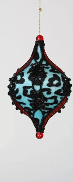 Sterling Pendants & Drops>5" Blue And Black Leopard Print With Glitter Onion Christmas Ornament