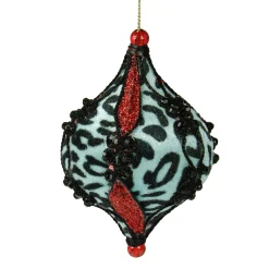 Sterling Pendants & Drops>5" Blue And Black Leopard Print With Glitter Onion Christmas Ornament