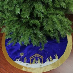 48 Inch And Smaller*Northlight 48" Blue And Gold Nativity Scene Christmas Tree Skirt With Gold Border