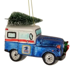 Northlight Transportation>5" Blue And White "U.S. Mail" Service Truck With Tree Glass Christmas Ornament
