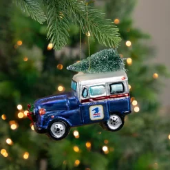 Northlight Transportation>5" Blue And White "U.S. Mail" Service Truck With Tree Glass Christmas Ornament