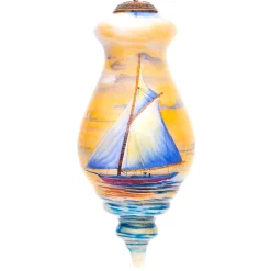 CC Christmas Decor Beach & Tropical>5" Blue And Yellow Sailing Boat Hand Painted Spire Shaped Mouth Blown Glass Hanging Christmas Ornament