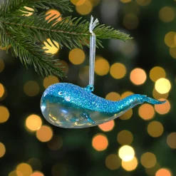 Northlight Animals>6" Blue Glass Glittered Whale Christmas Ornament