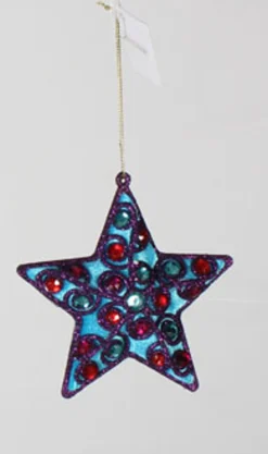 Sterling Stars>4.5" Blue Velvet And Purple Glitter Star With Gems Christmas Ornament