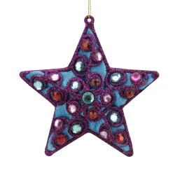 Sterling Stars>4.5" Blue Velvet And Purple Glitter Star With Gems Christmas Ornament