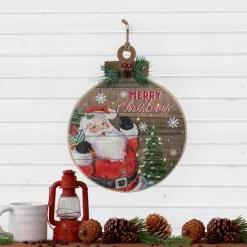 Signs & Plaques*Northlight 15" B/O Lighted Ball Ornament With Santa Claus Wooden Christmas Wall Sign