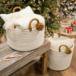 Decoration Storage*Colonial Mills 16" Braided Round Candy Cane Basket With Red And Green Handles