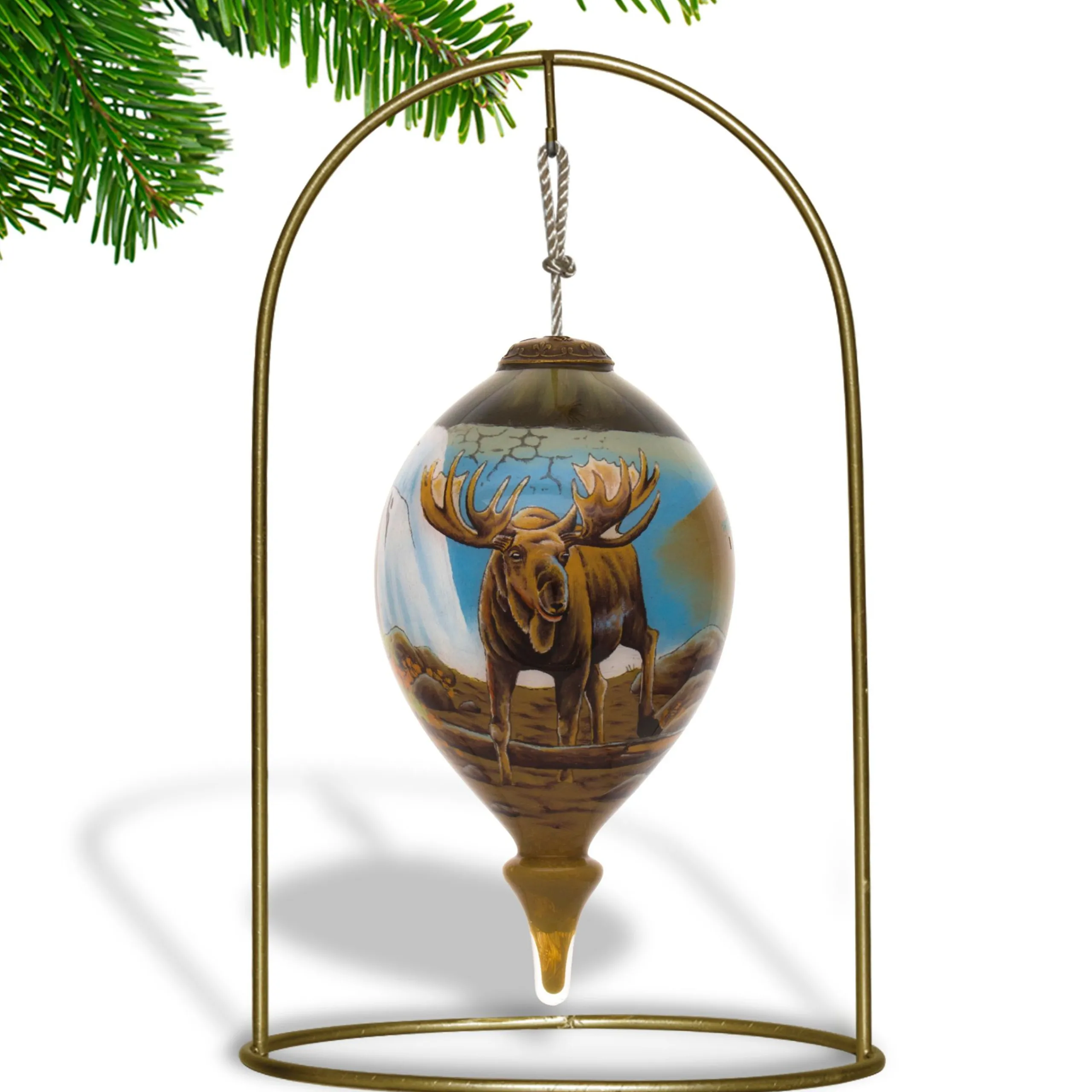 CC Christmas Decor Finials>4.75" Brown And Blue Moose Hand Painted Mouth Blown Glass Hanging Christmas Ornament