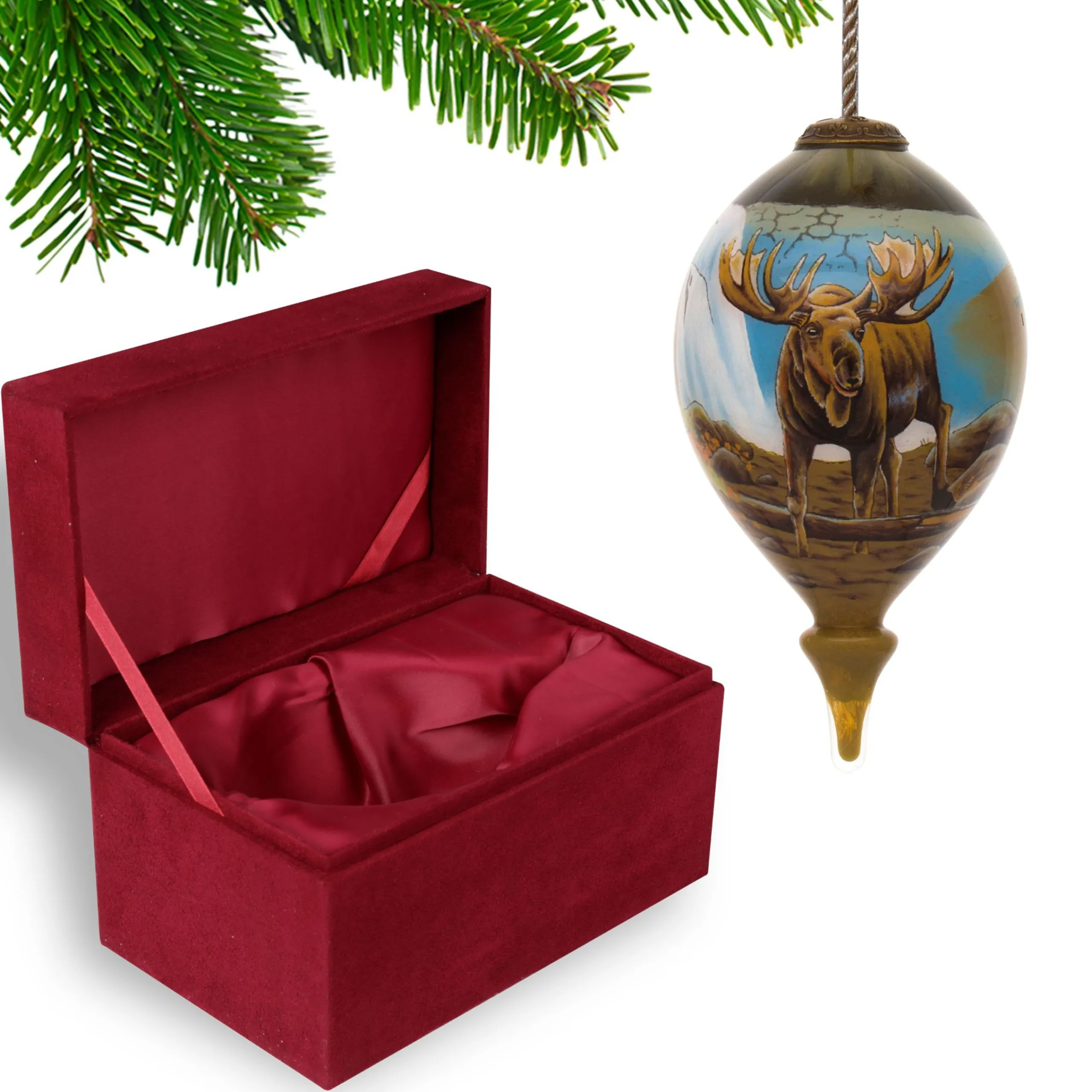 CC Christmas Decor Finials>4.75" Brown And Blue Moose Hand Painted Mouth Blown Glass Hanging Christmas Ornament