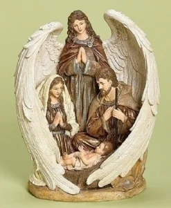 Nativities*Roman 12.5" Brown And White Inspirational Holy Family With Angel Christmas Nativity Figurine