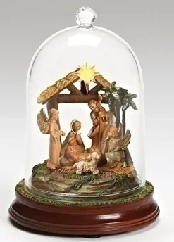 Nativities*Roman 7.25" Brown And Yellow Led Lighted Musical Cloche Dome Nativity Scene Christmas Decor