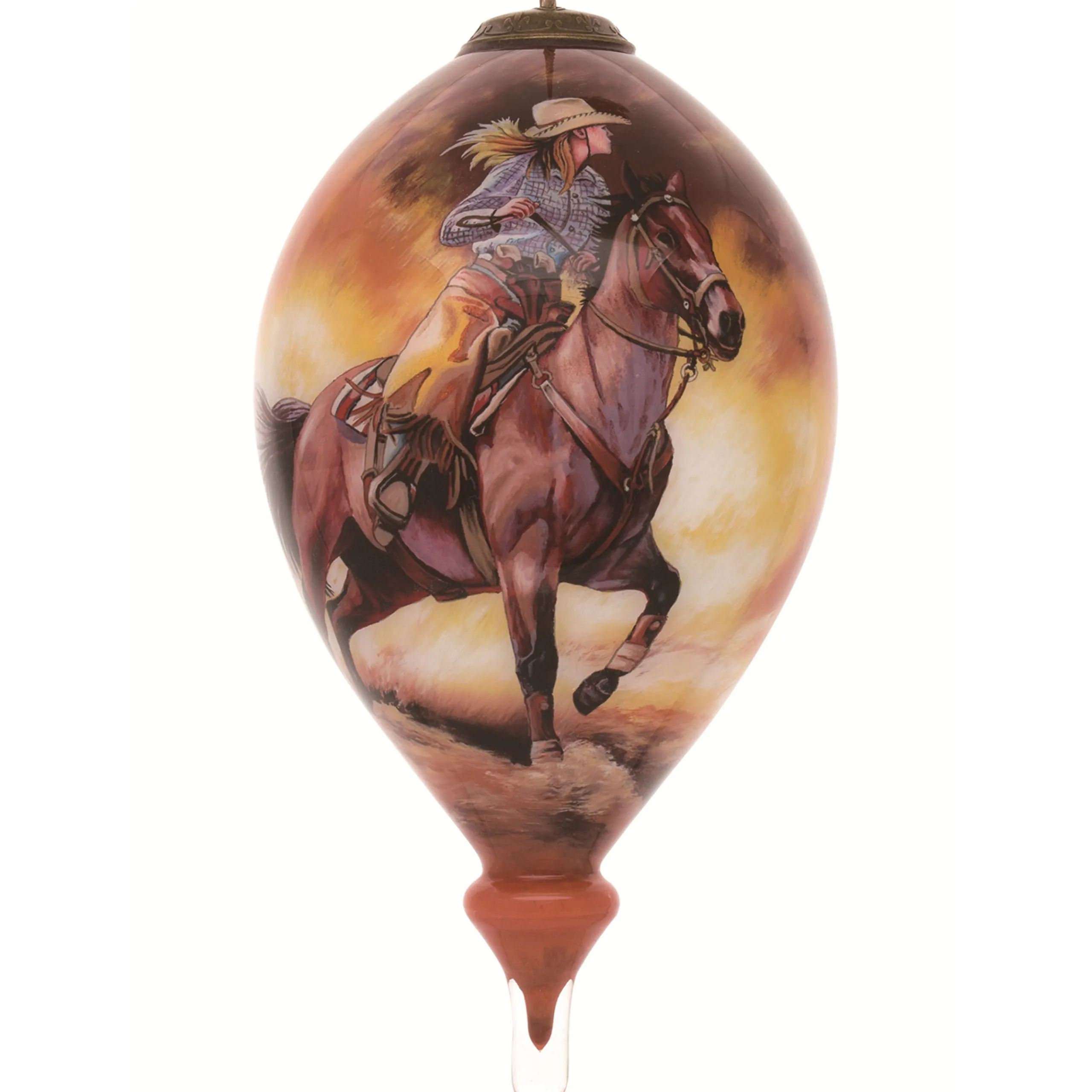 CC Christmas Decor Finials>6" Brown And Yellow Riding Horse Cowgirl Hand Painted Mouth Blown Glass Hanging Christmas Ornament