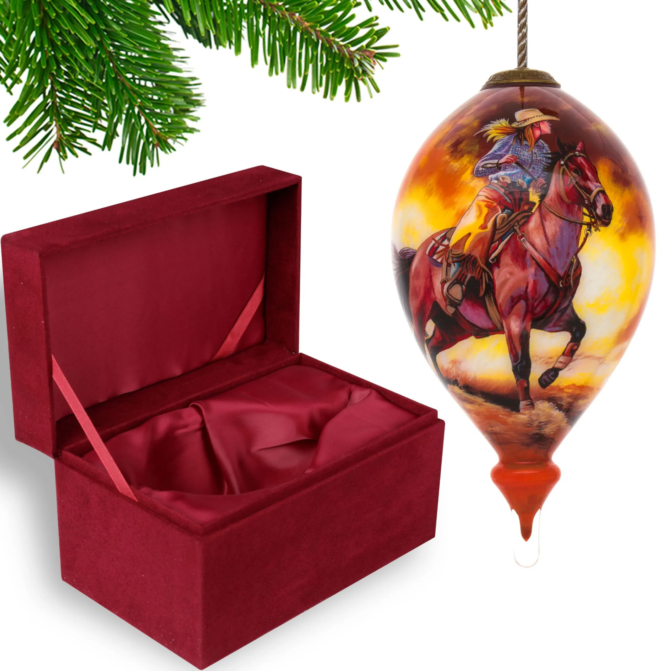 CC Christmas Decor Finials>6" Brown And Yellow Riding Horse Cowgirl Hand Painted Mouth Blown Glass Hanging Christmas Ornament