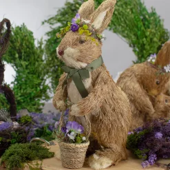 Northlight 15" Brown Sisal Bunny Rabbit With Basket Easter Figure