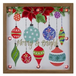 Signs & Plaques*Northlight 11.8" Brown Wooden Frame "Merry & Bright" With Hanging Ornaments And Glitter Christmas Plaque