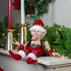 Plush Figures*Select Artificials 13" Burgundy And Gold Festive Chubby Christmas Elf With Bells