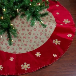 50 Inch And Larger*Northlight 60" Burlap Glittered Snowflake Rustic Christmas Tree Skirt With Red Velvet Trim