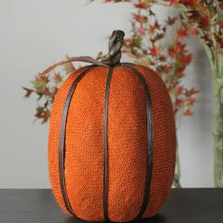 Melrose 12" Burnt Orange Burlap Pumpkin With Bamboo Thanksgiving Table Decoration