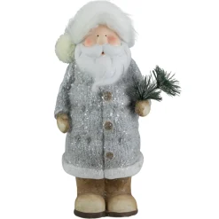 Table Top Pieces*Northlight 18" Ceramic Santa In Gray Coat Holding Pine Sprig Christmas Figure