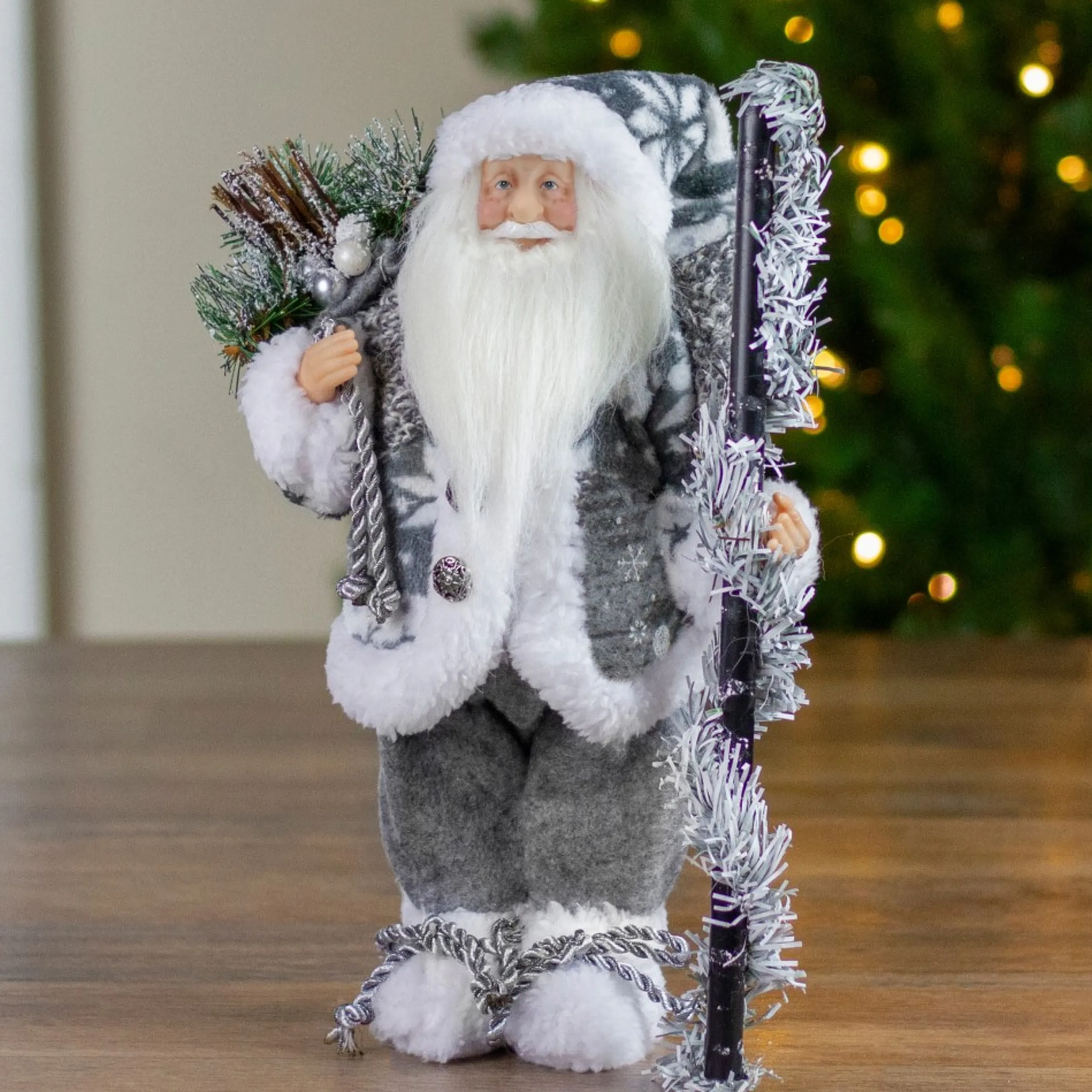 Santa Figures*Northlight 12" Country Patchwork Gray And White Santa Claus Christmas Figure