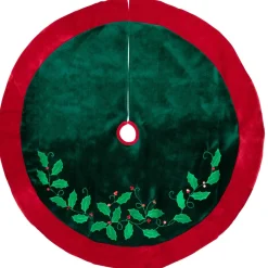 48 Inch And Smaller*Northlight 48" Dark Green Holly And Berry Velveteen Christmas Tree Skirt