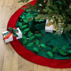 48 Inch And Smaller*Northlight 48" Dark Green Holly And Berry Velveteen Christmas Tree Skirt