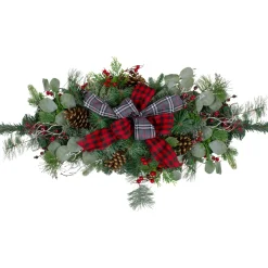 Unlit Swags*Northlight 36" Dual Plaid Bows And Red Berries Artificial Christmas Swag - Unlit