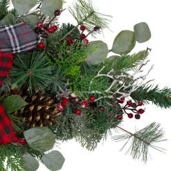 Unlit Swags*Northlight 36" Dual Plaid Bows And Red Berries Artificial Christmas Swag - Unlit