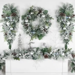 Traditional Pine Garland*Northlight 6' Flocked Pine Artificial Christmas Garland With Iridescent Ornaments, Unlit