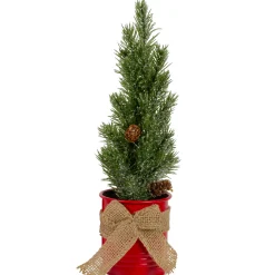 Northlight 2.5 Feet Tall And Smaller>11.75" Frosted Upswept Mini Pine Christmas Tree In Red Tin Pot - Unlit